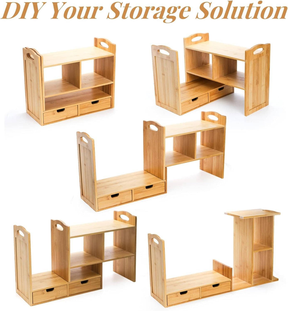 Bamboo expandable counter bookshelf shown in multiple storage configurations