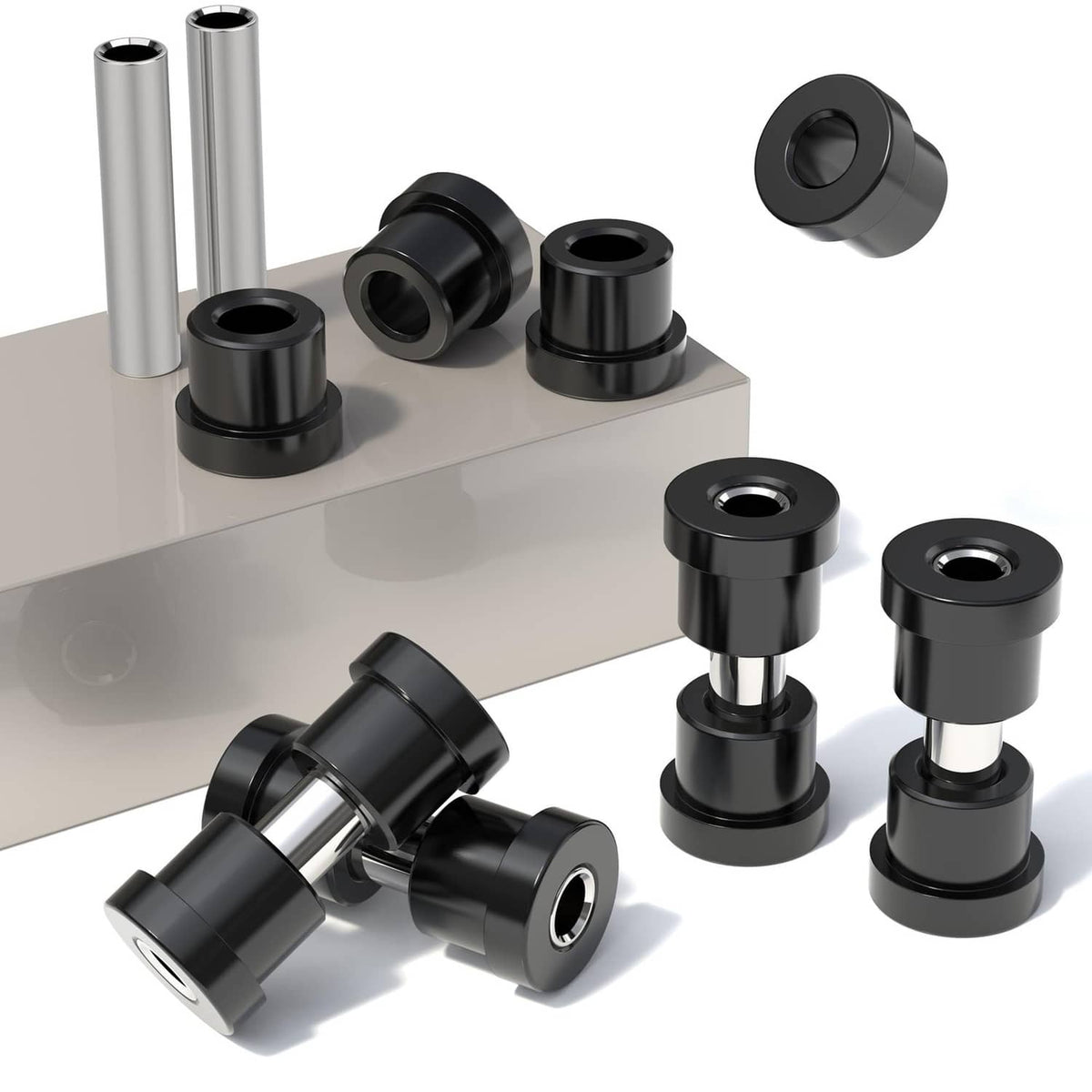 Set of black bushings with silver metal sleeves for golf cart rear suspension
