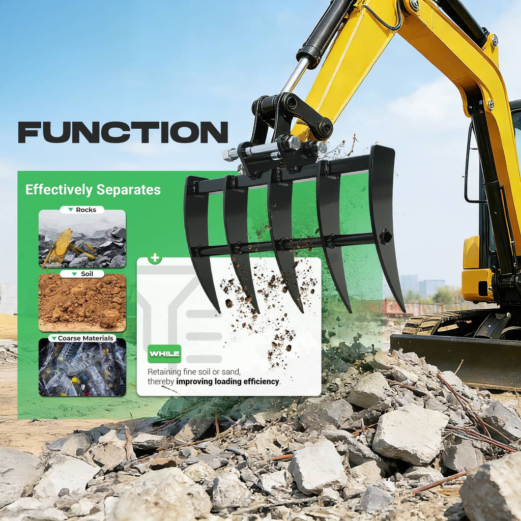 Five-tooth mini excavator rake attachment mounted on excavator arm, black tines