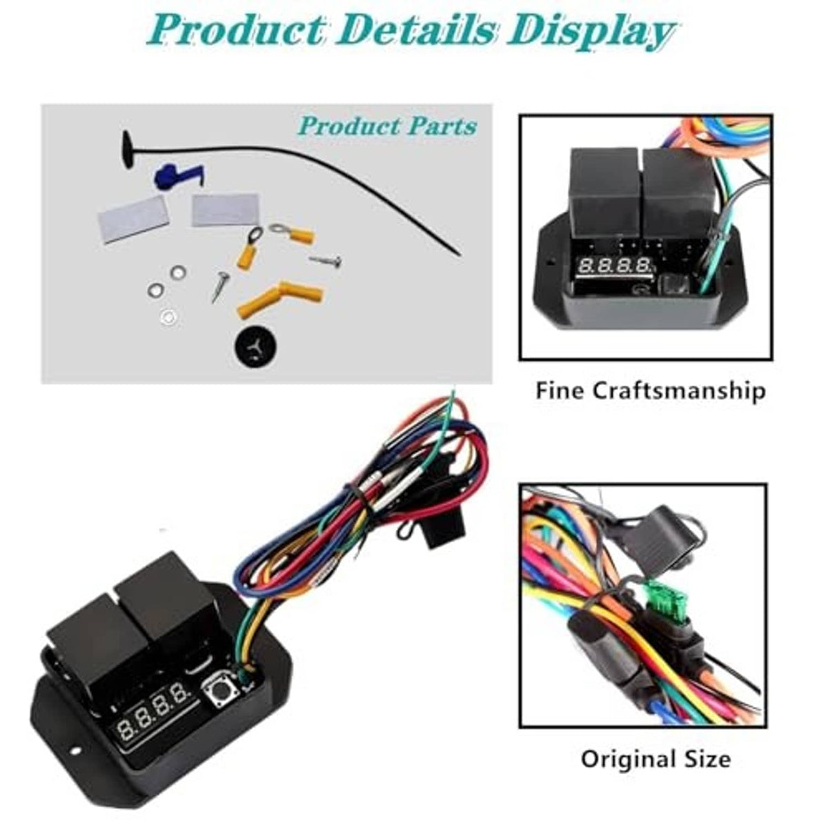 Radiator fan controller switch kit parts with wiring harness, small hardware, and sensor leads