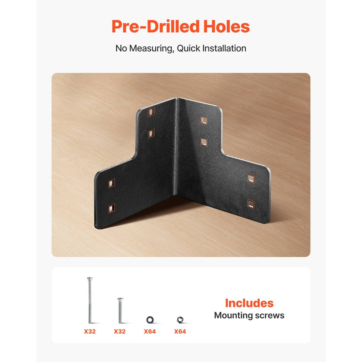 Black L-shaped corner bracket on wood, predrilled holes with included mounting screws