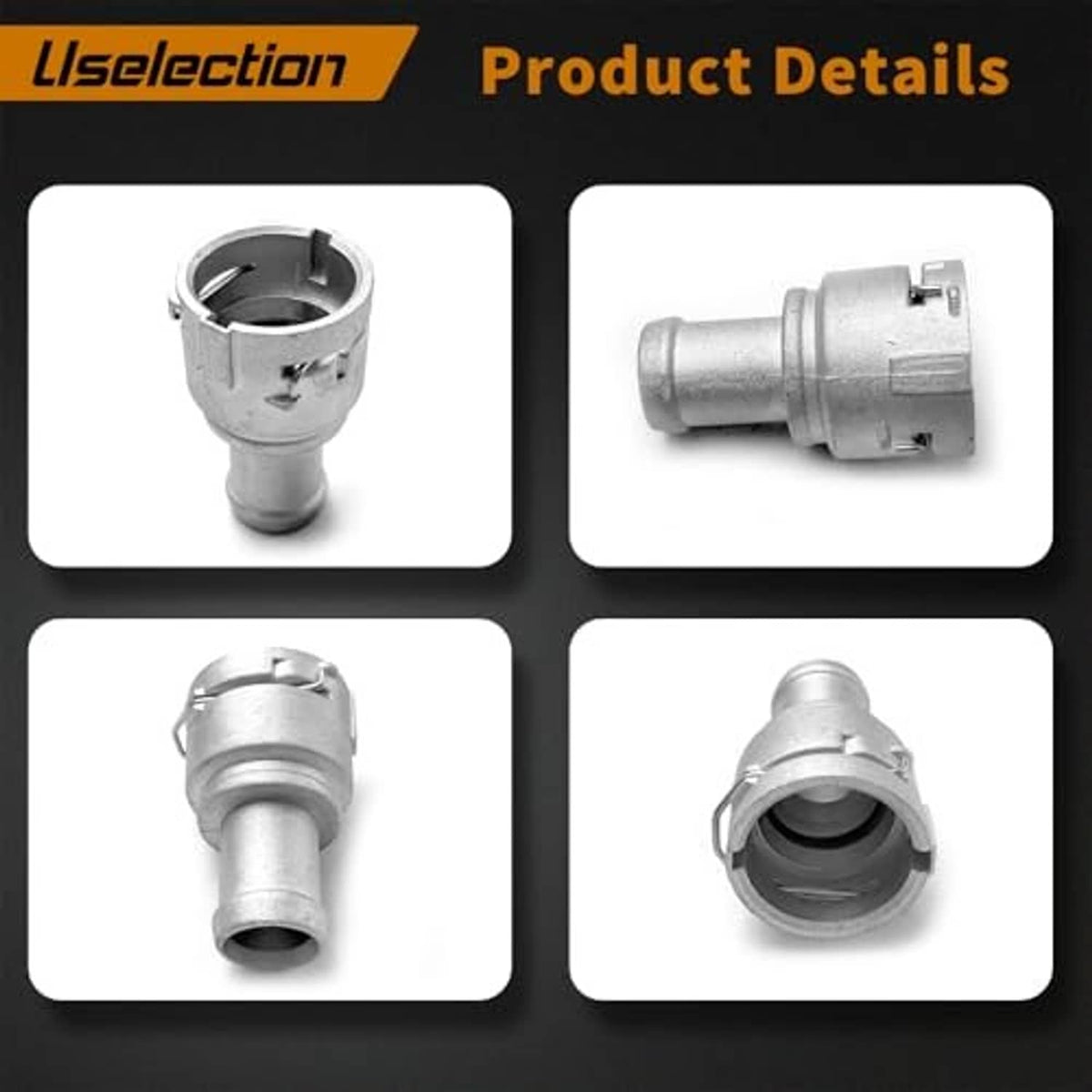Aluminum quick connector cooling hose flange, silver, shown from multiple angles