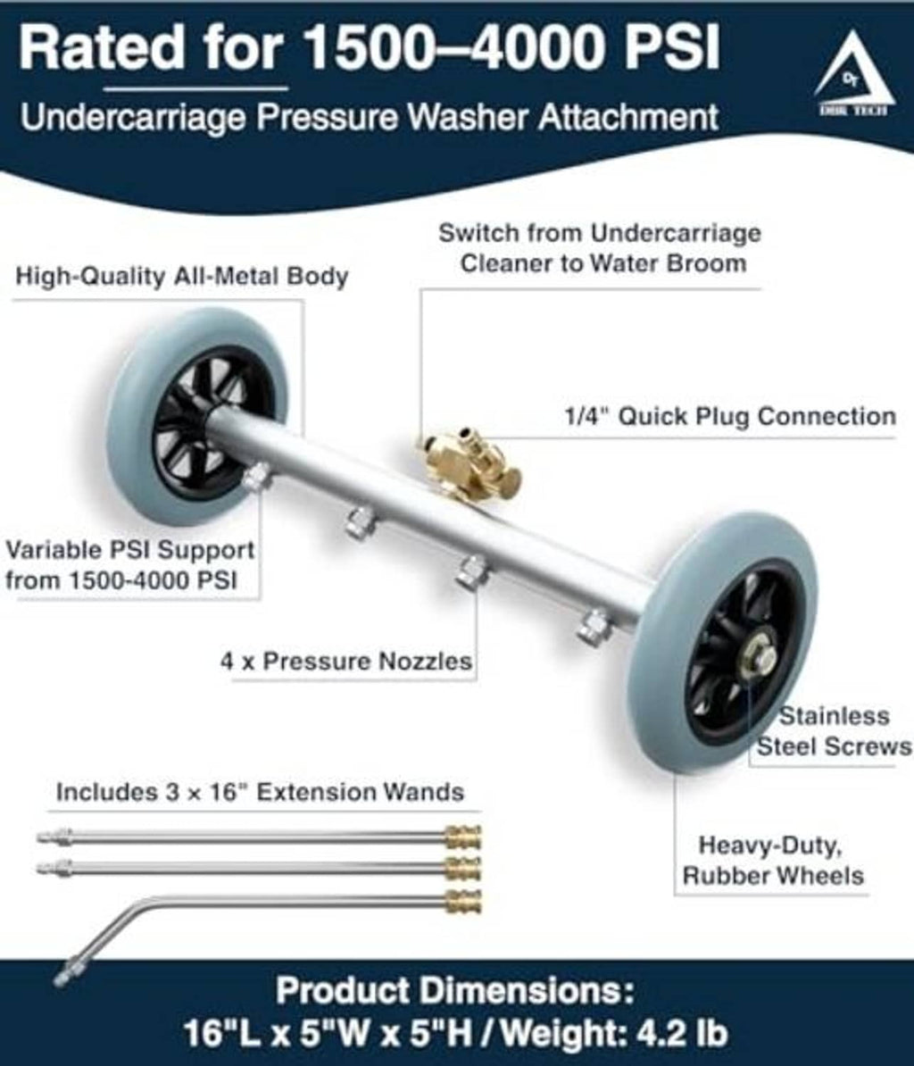 Undercarriage pressure washer attachment with quick-plug connection and blue rubber wheels