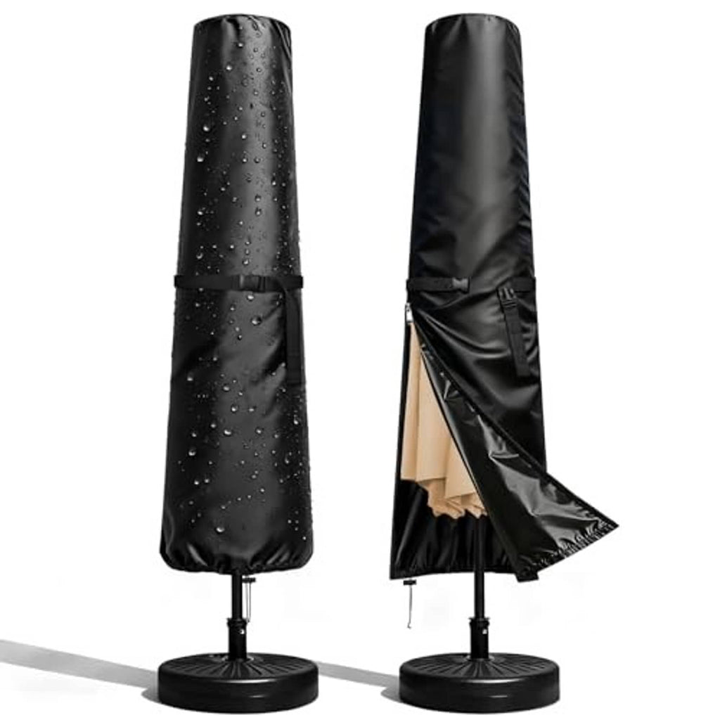 Black patio umbrella cover, full-length with buckle strap and secured bottom hem