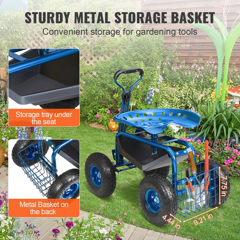 Blue garden cart with metal storage basket and perforated seat on four wheels
