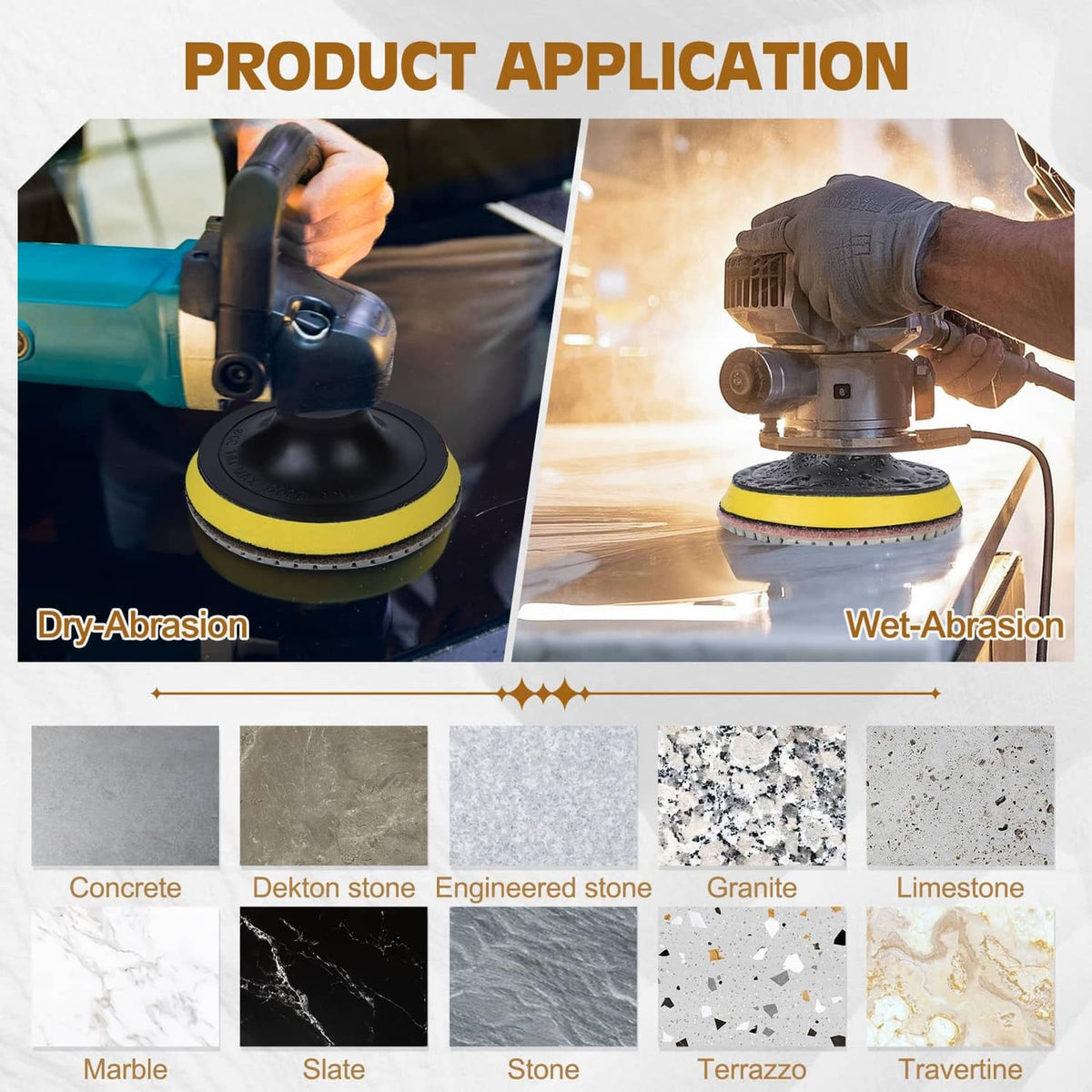 Angle grinder using a round diamond polishing pad for wet and dry surface abrasion