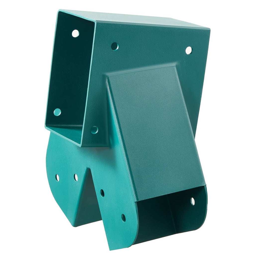 Teal A-frame swing set bracket with mounting holes and hinged strap support