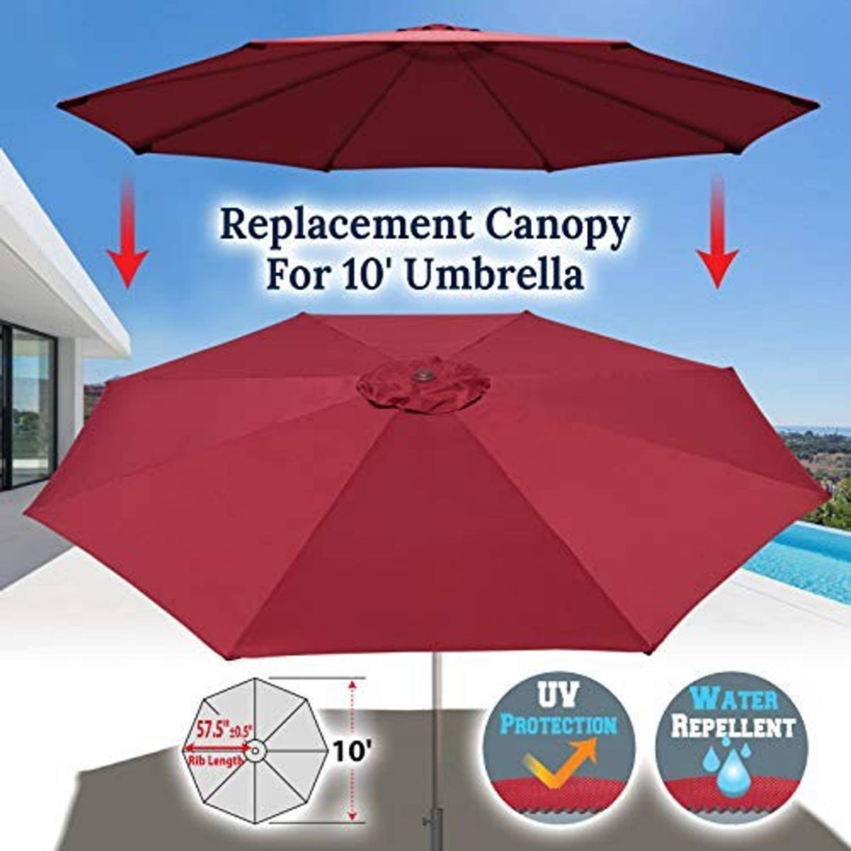 Burgundy umbrella canopy top cover for 10 ft umbrella, fitted dome-style
