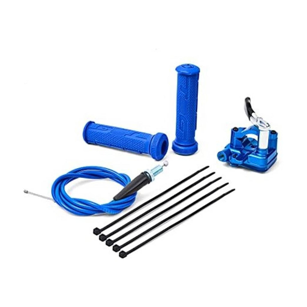 Blue thumb throttle cable accelerator handle assembly with grip, lever, and mounting parts