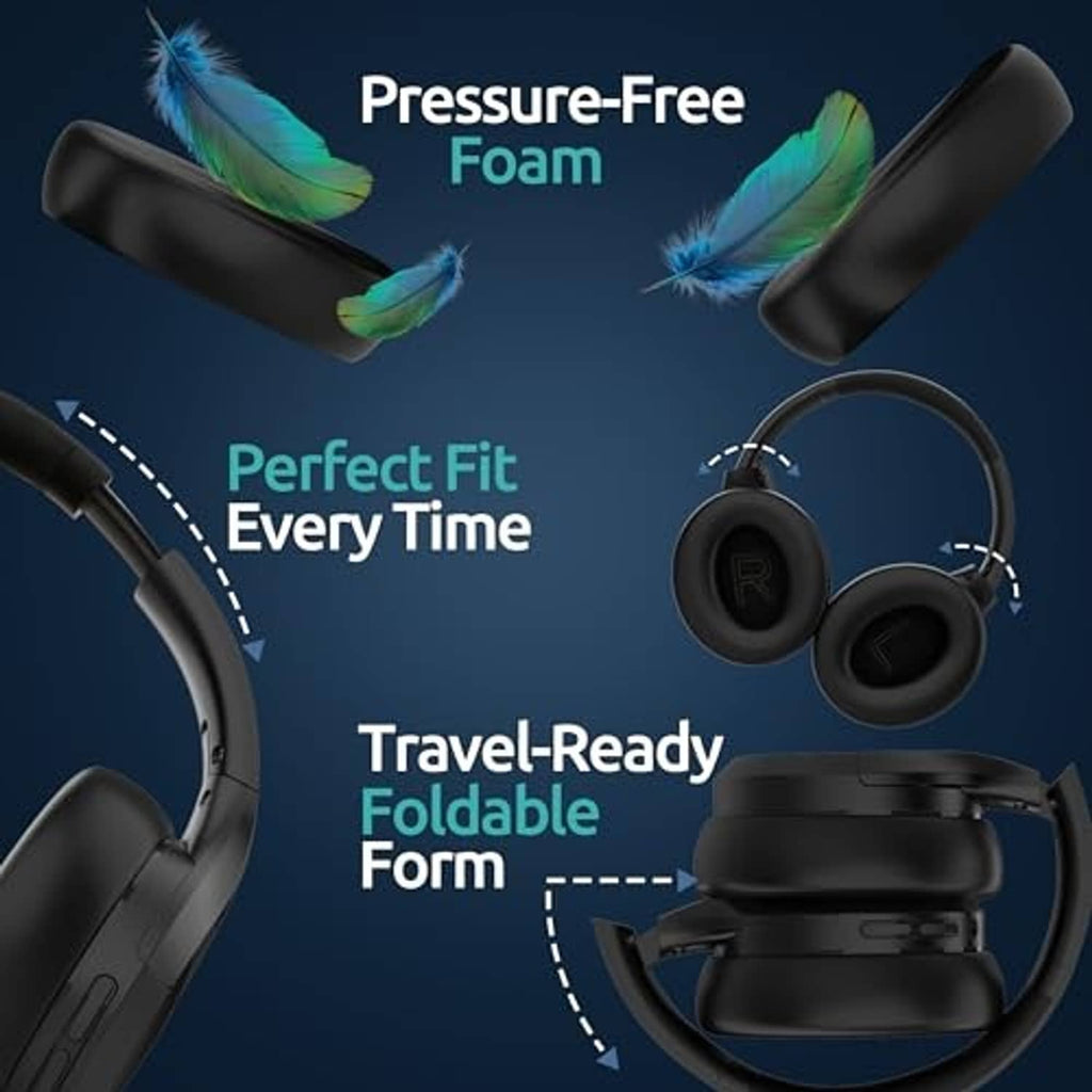 Black over-ear noise-cancelling headphones with pressure-free foam and foldable form