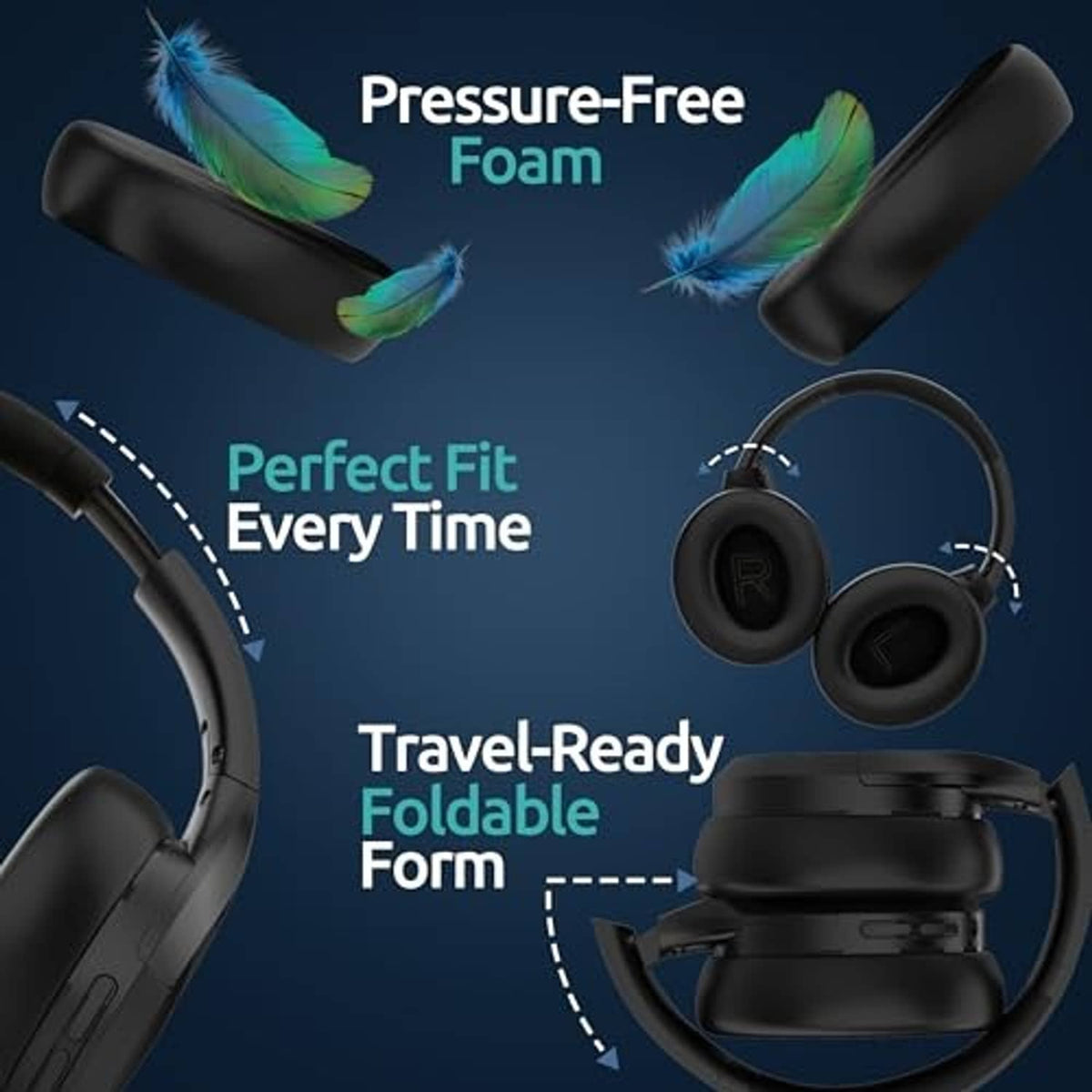 Black over-ear noise-cancelling headphones with pressure-free foam and foldable form