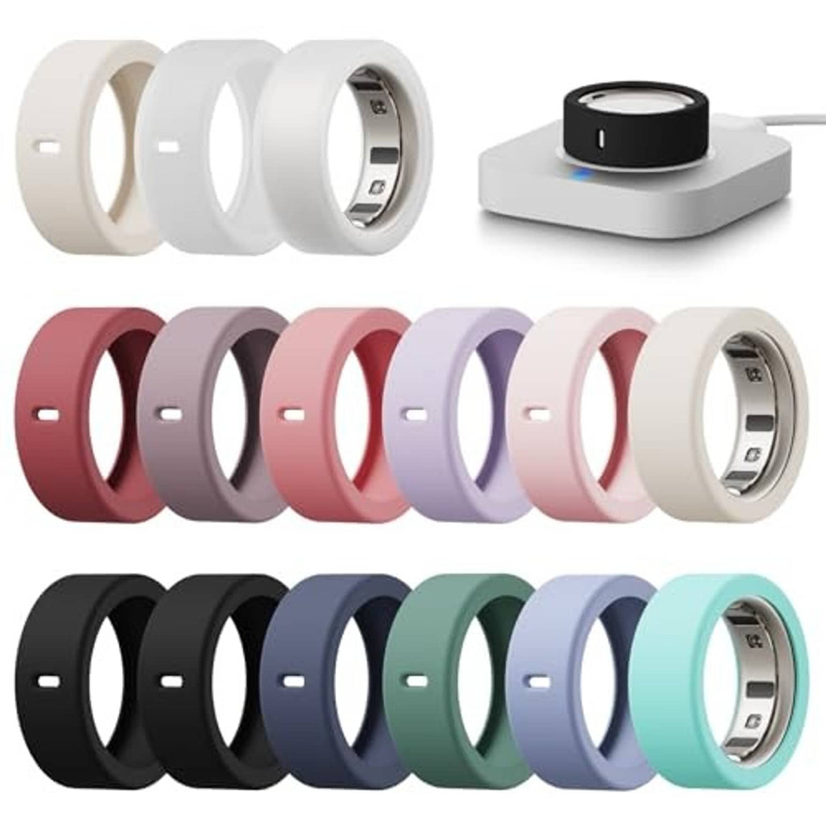 15-pack silicone ring covers in white, red, lavender, dark blue, and teal tones
