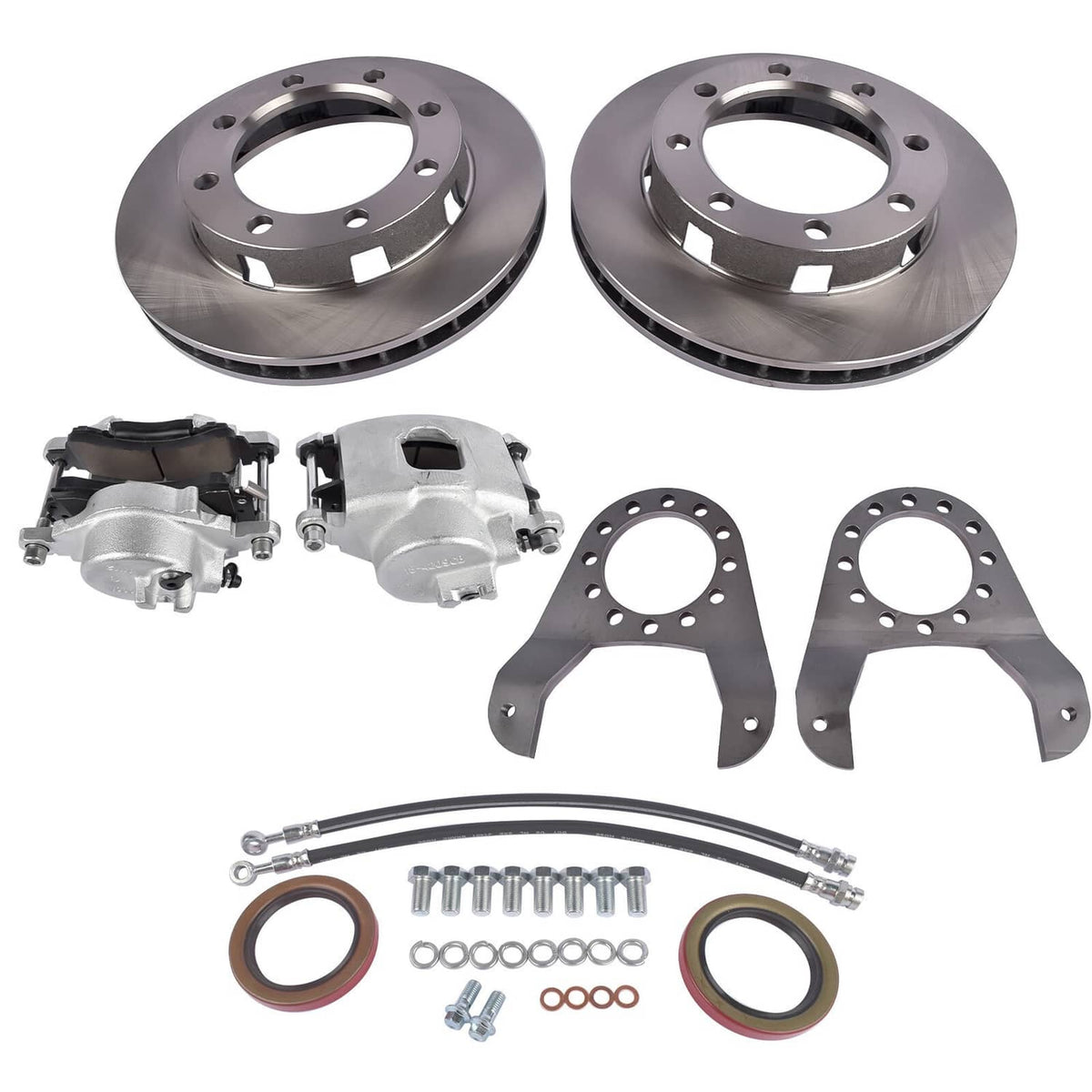 Disc brake conversion kit showing two rotors, calipers, brackets, and braided brake lines with seals