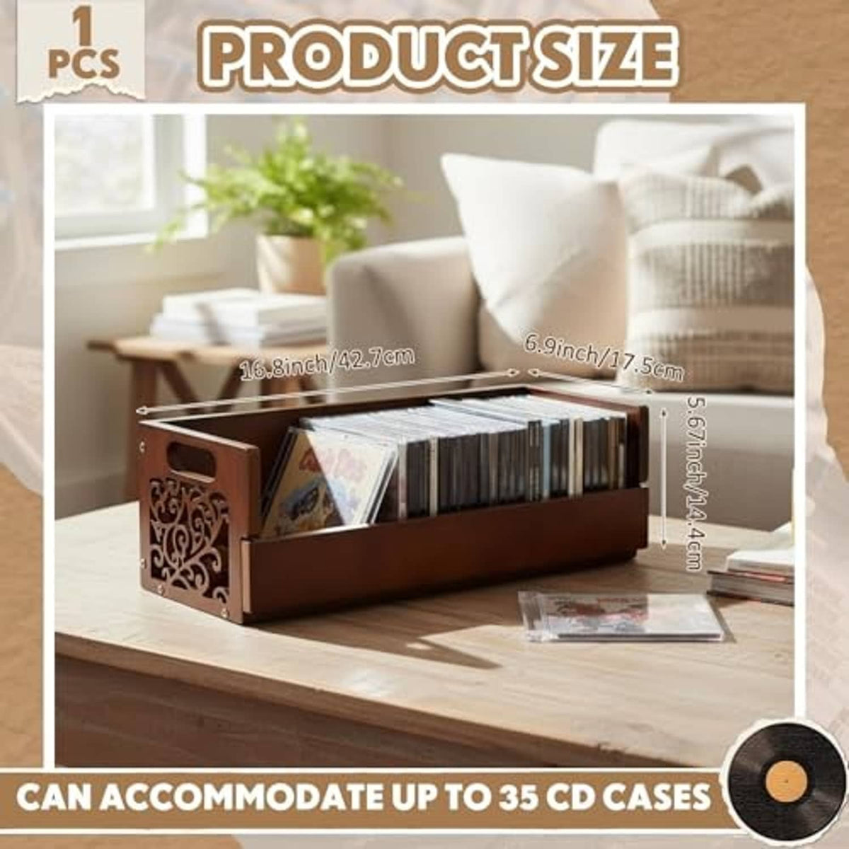 Brown wooden CD storage rack with open front tray and side handles