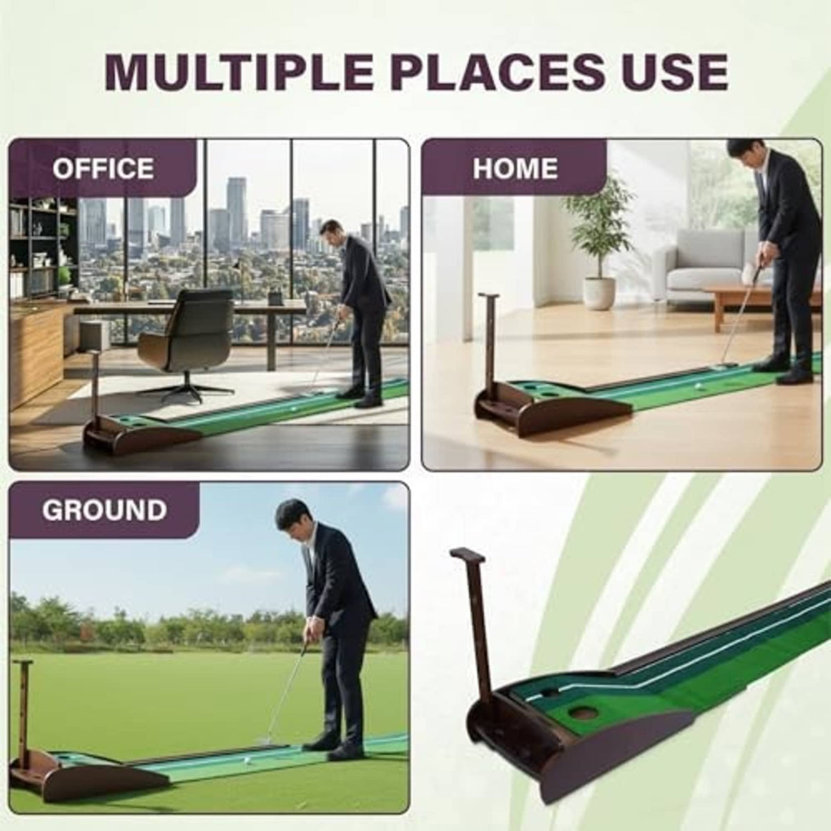 Putting mat use infographic showing office, home, and outdoor/ground setups