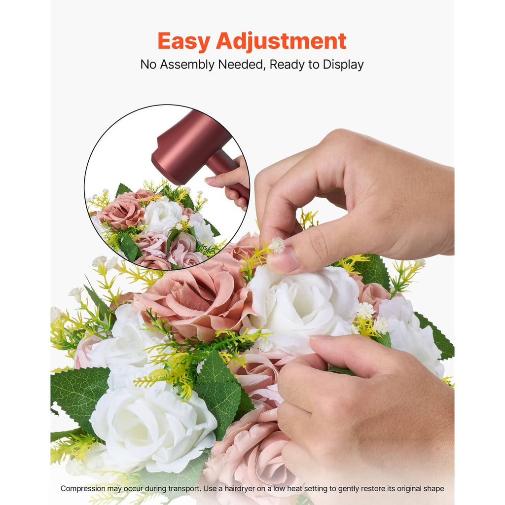 Uimoso pink and white artificial floral ball with adjustable petals and greenery