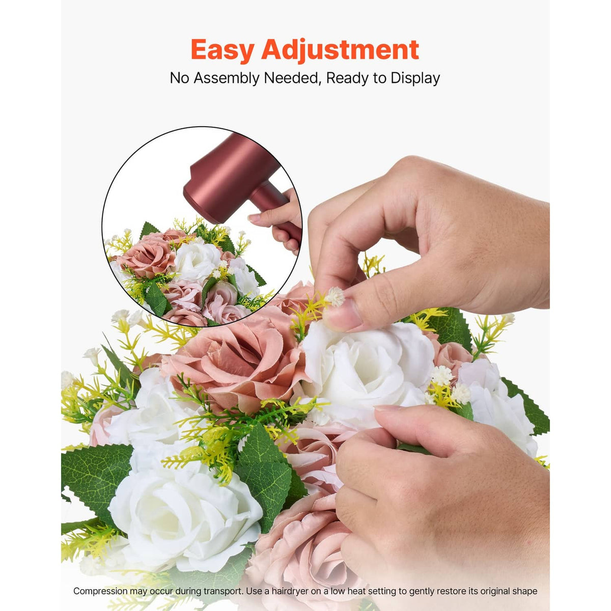 Uimoso pink and white artificial floral ball with adjustable petals and greenery