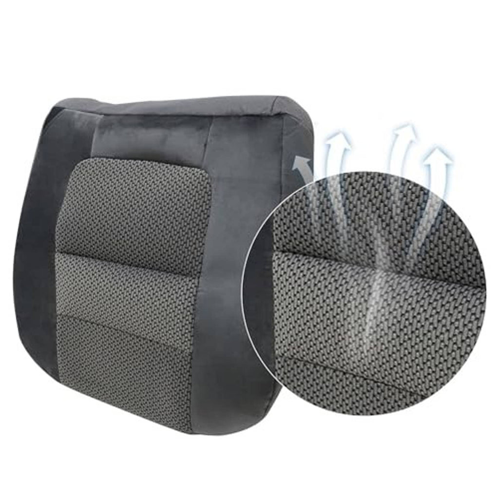 Gray cloth seat cover insert on dark padded base; stitched rectangular center panel.