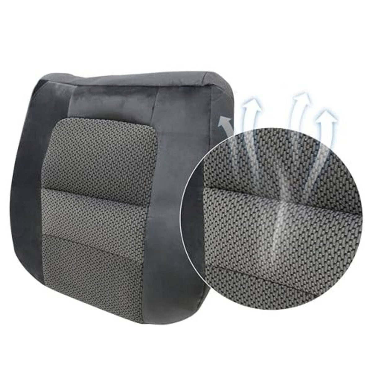 Gray cloth seat cover insert on dark padded base; stitched rectangular center panel.