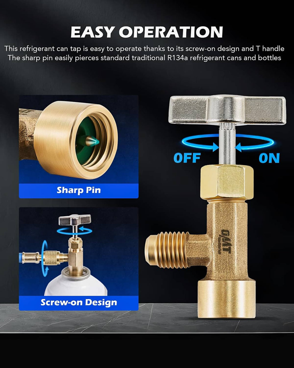 Brass R134a can tap valve with sharp pin handle and screw-on connector