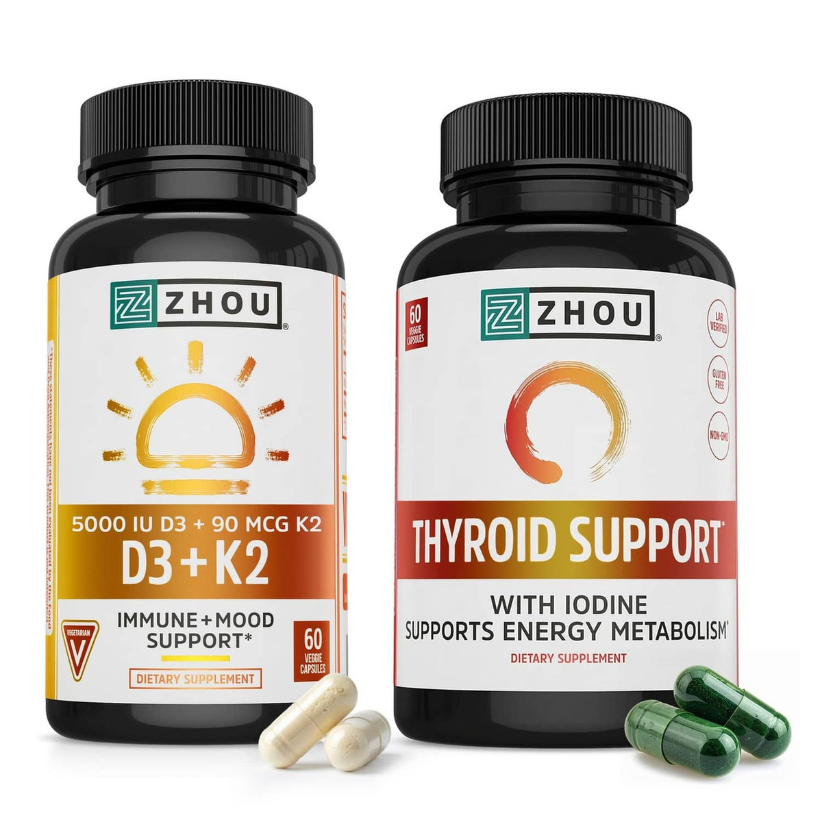 Zhou D3 + K2 supplement bottle, black cap, yellow label, 60 capsules