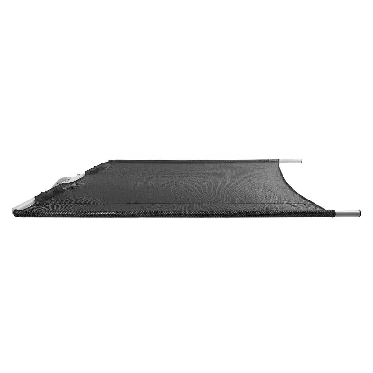 Side view of dark gray boat sun shade with mesh fabric and silver aluminum bars
