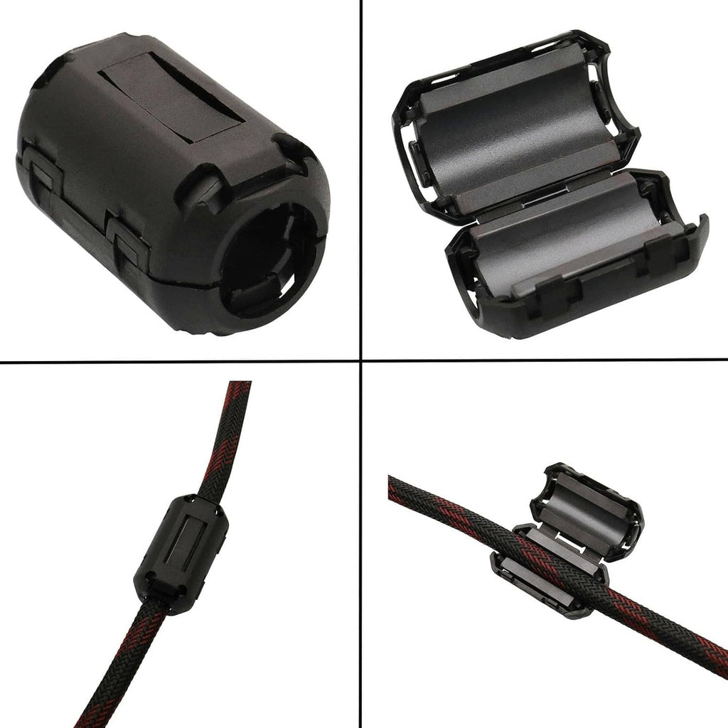 Clip-on ferrite ring cores attached to a braided cable, shown from multiple angles