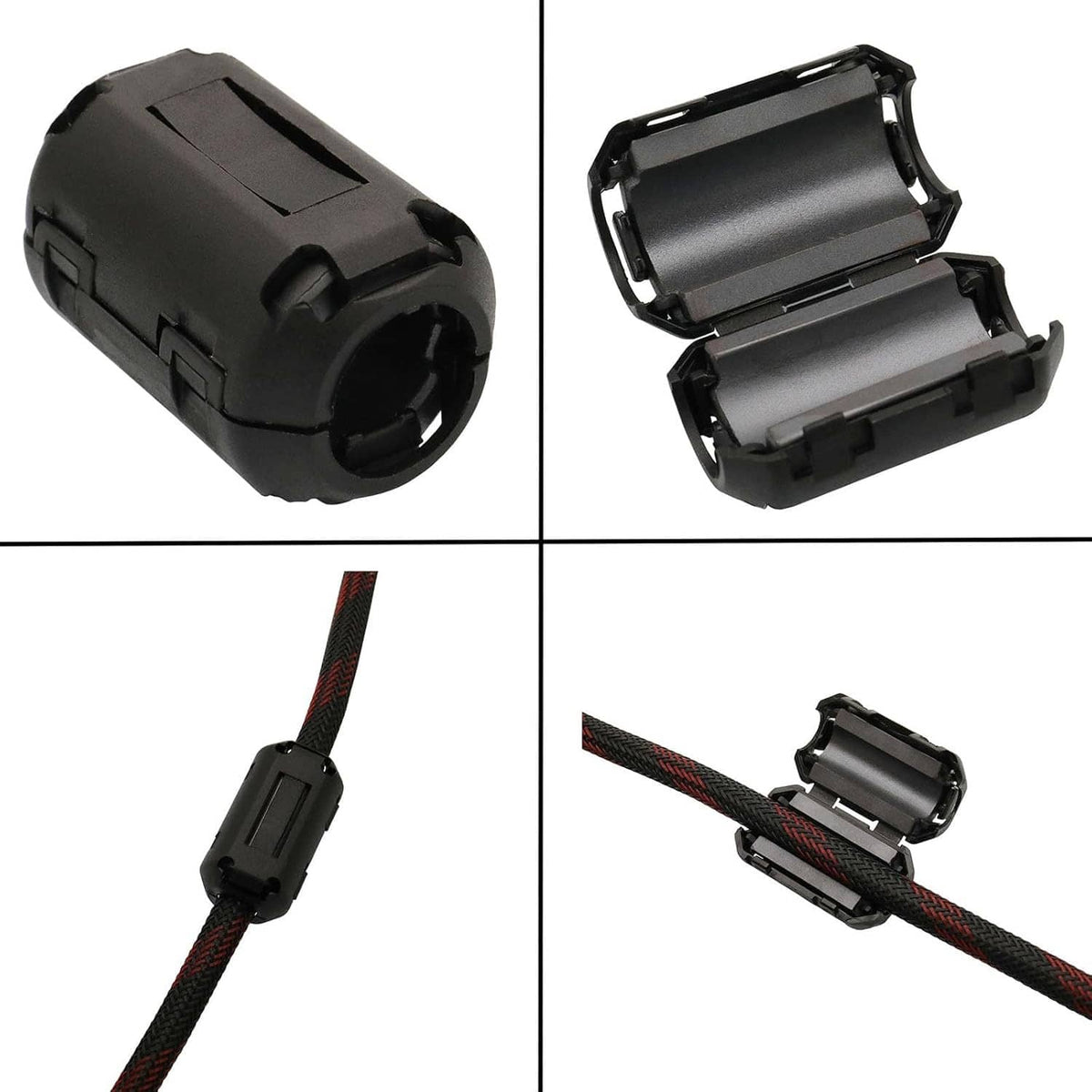 Clip-on ferrite ring cores attached to a braided cable, shown from multiple angles