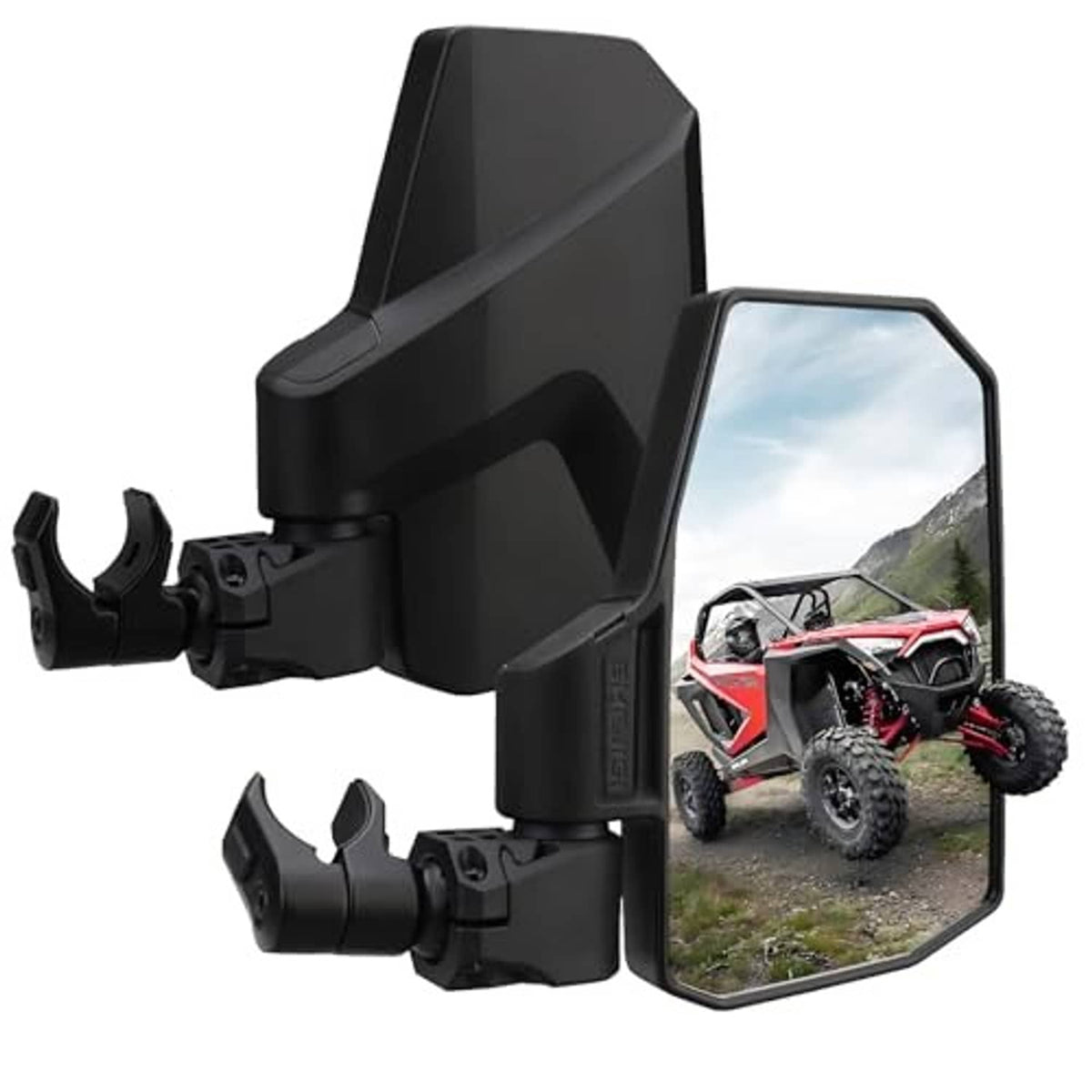 UTV side mirrors with black C-clamp mounts and angled glass, dual mirror setup
