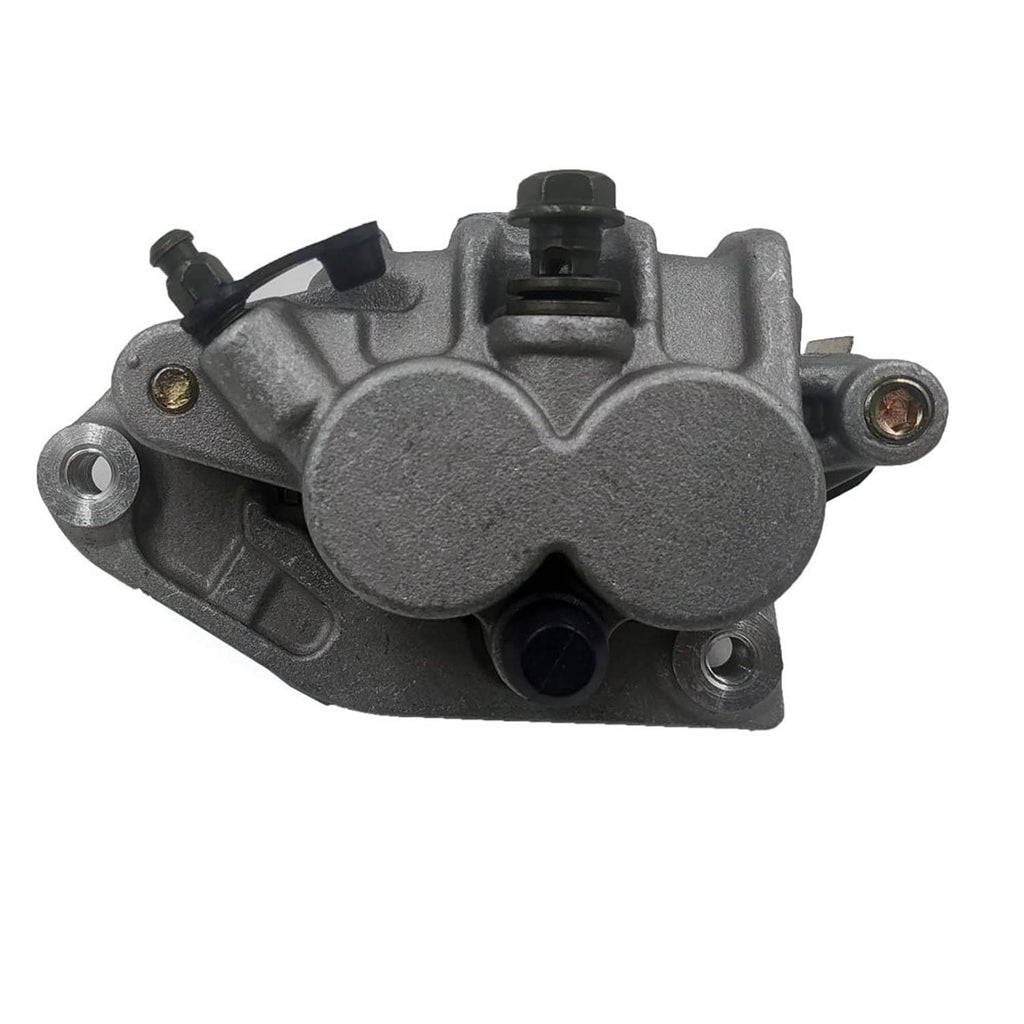 Front brake caliper, dark gray metal housing with mounting holes and hydraulic port