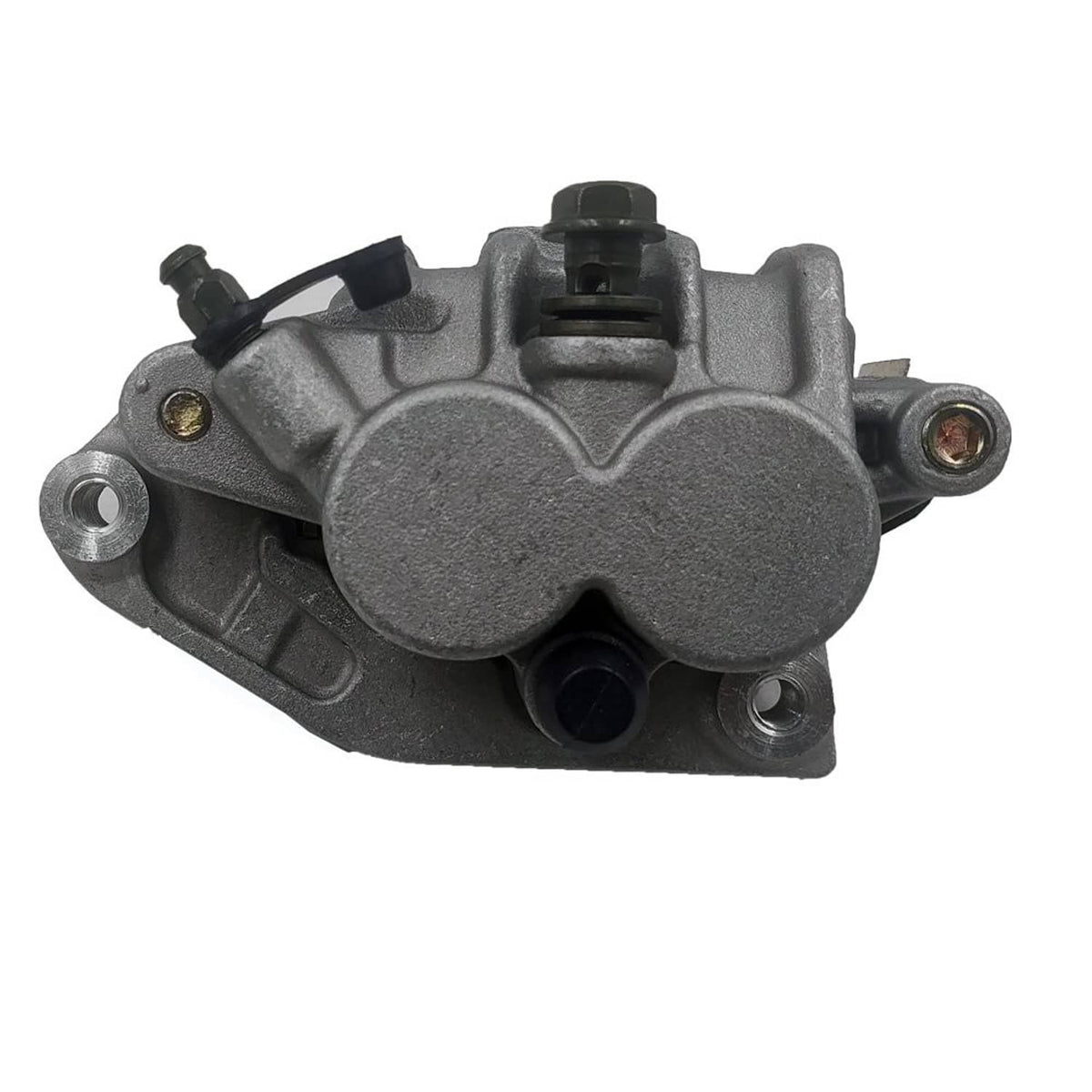 Front brake caliper, dark gray metal housing with mounting holes and hydraulic port