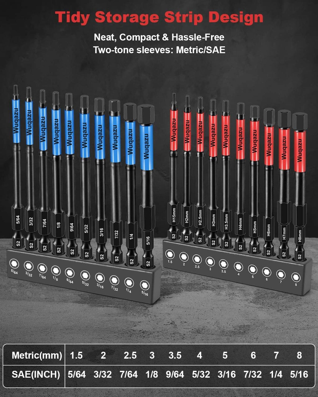 20-piece impact Allen hex bit set in storage tray, blue metric and red SAE sleeves