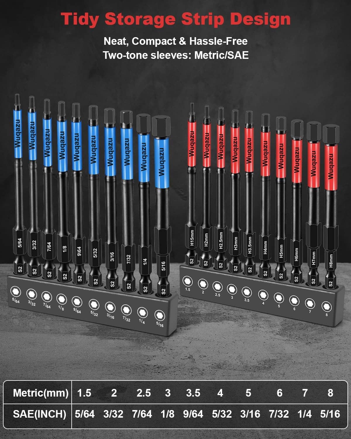 20-piece impact Allen hex bit set in storage tray, blue metric and red SAE sleeves