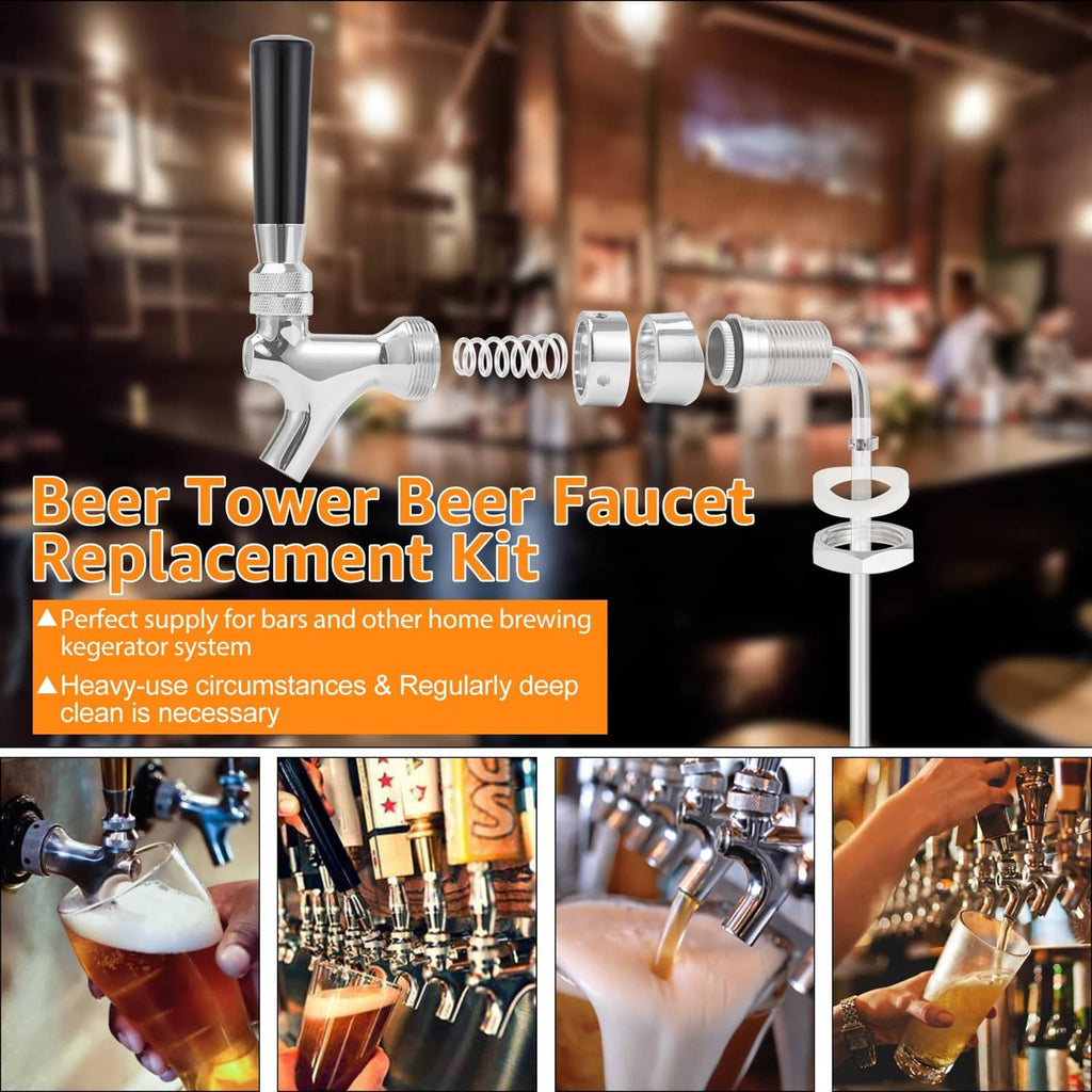 Draft beer tower faucet replacement kit with stainless faucet, black handle, and beer line