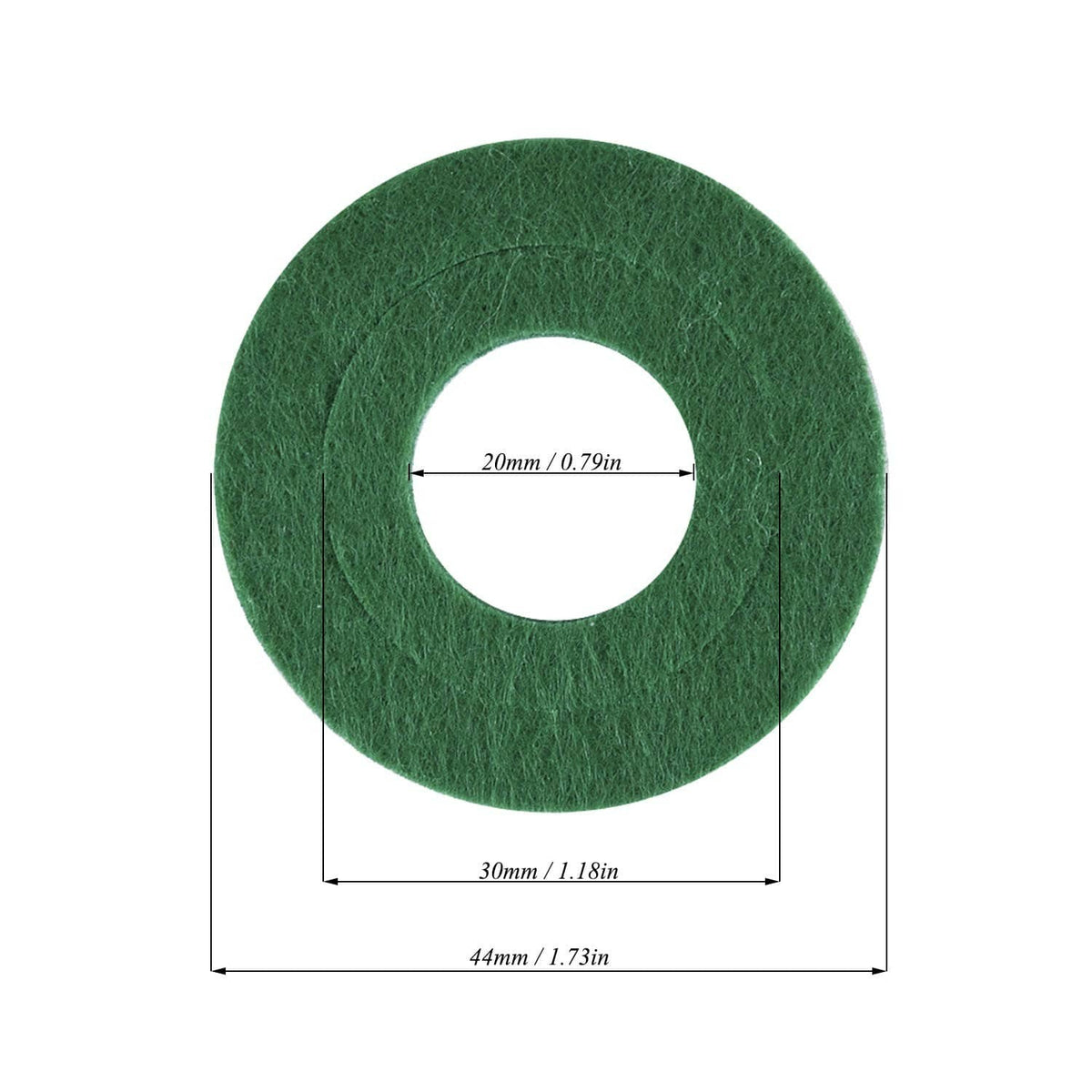 Green battery terminal anti-corrosion washer felt disc with center hole and size guide.