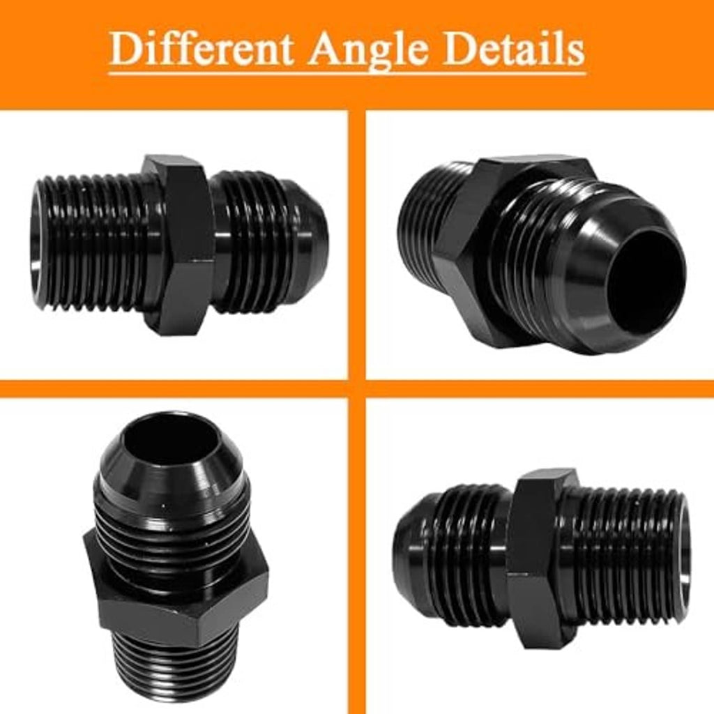Black hose fitting adapter shown from multiple angles, hex center and male threads