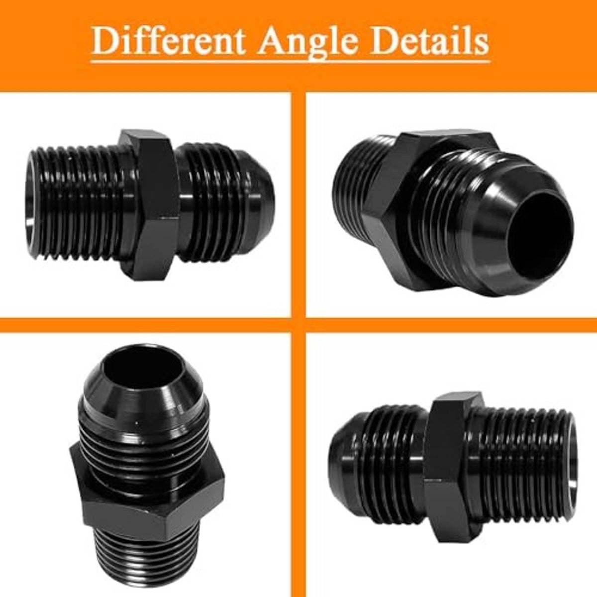 Black hose fitting adapter shown from multiple angles, hex center and male threads
