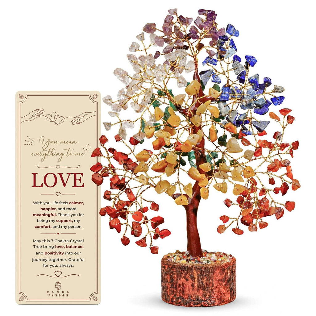 7 chakra crystal tree ornament with multicolor gemstone branches and round wooden base