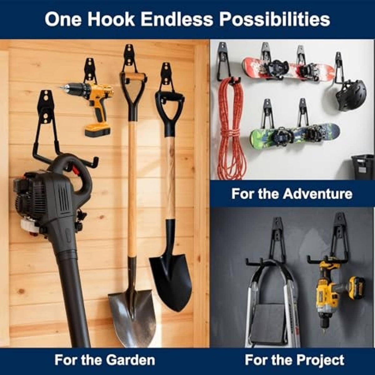 Wave wall hooks with orange grips holding tools and garden items on a wall