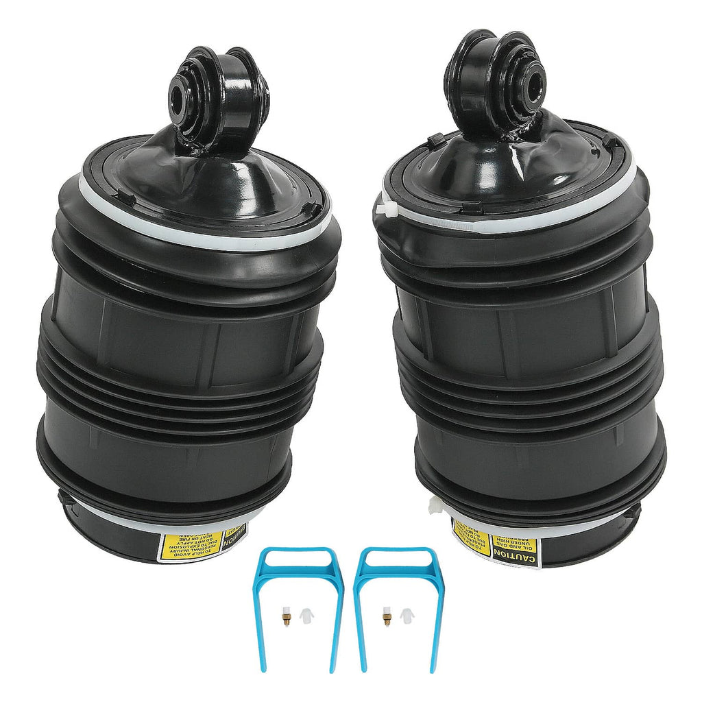 Pair of black rear air suspension springs with blue installation brackets.