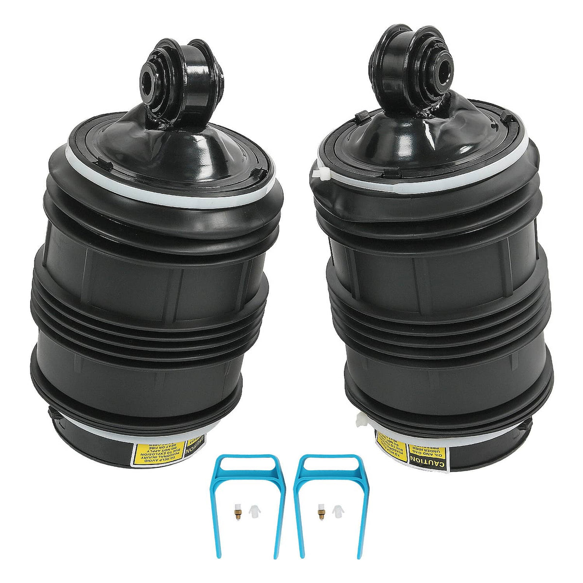 Pair of black rear air suspension springs with blue installation brackets.