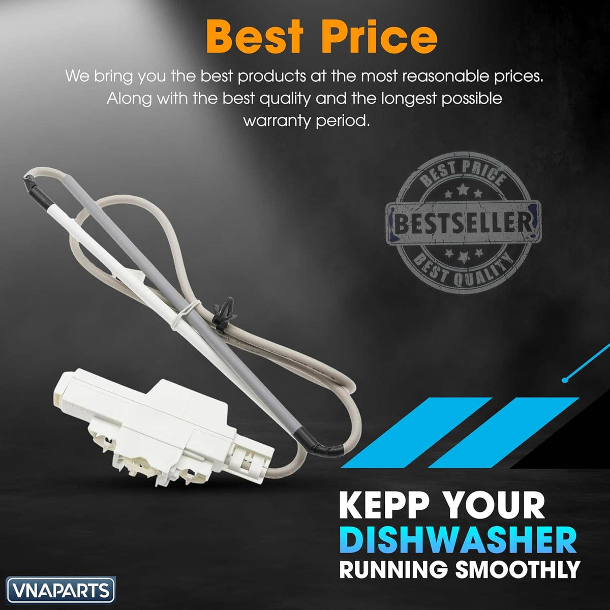 Washer door lock latch assembly with white connector and gray cable, angled view