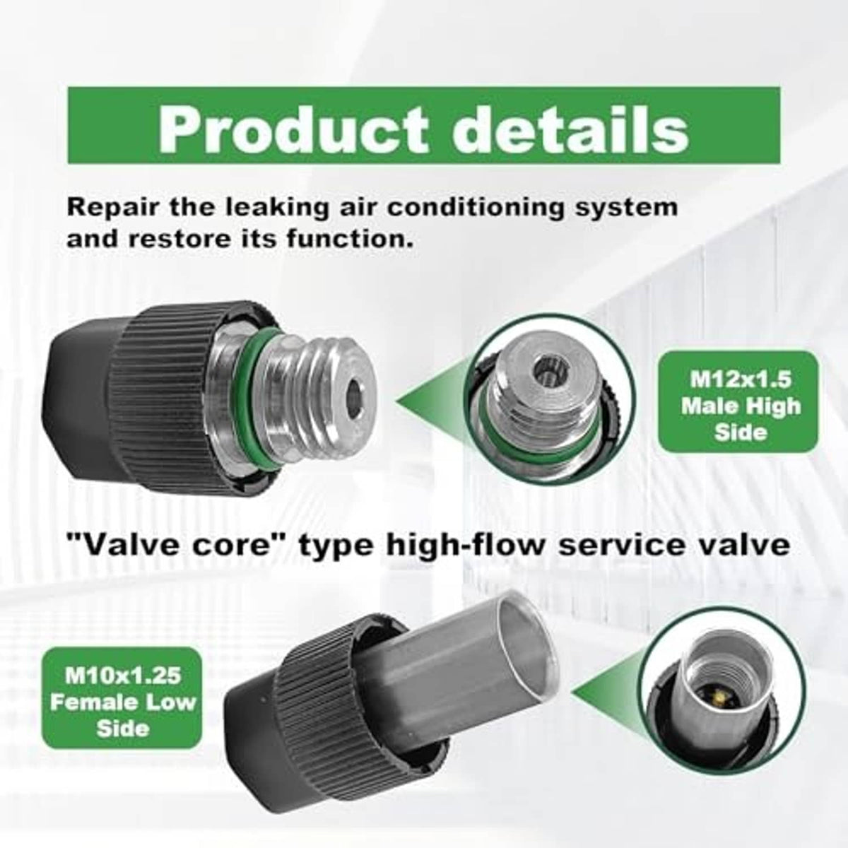 Air conditioning valve core service fitting with male and female thread sides, diagram