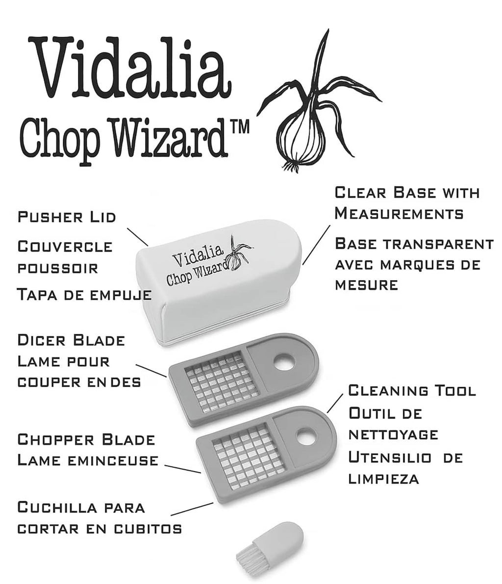 Vegetable chopper parts set including clear base, pusher lid, and blade inserts