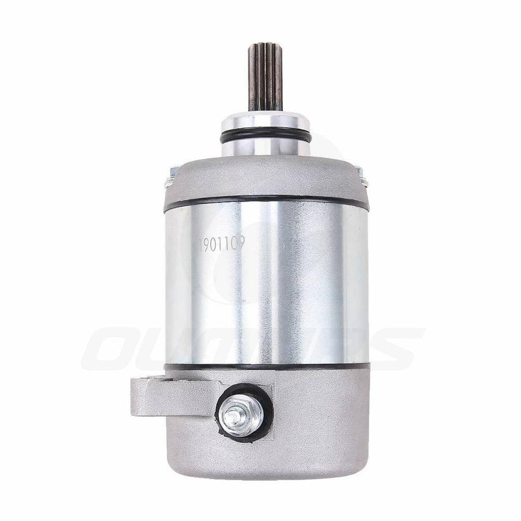Starter motor top view with exposed drive shaft, silver-gray metal body and bolt