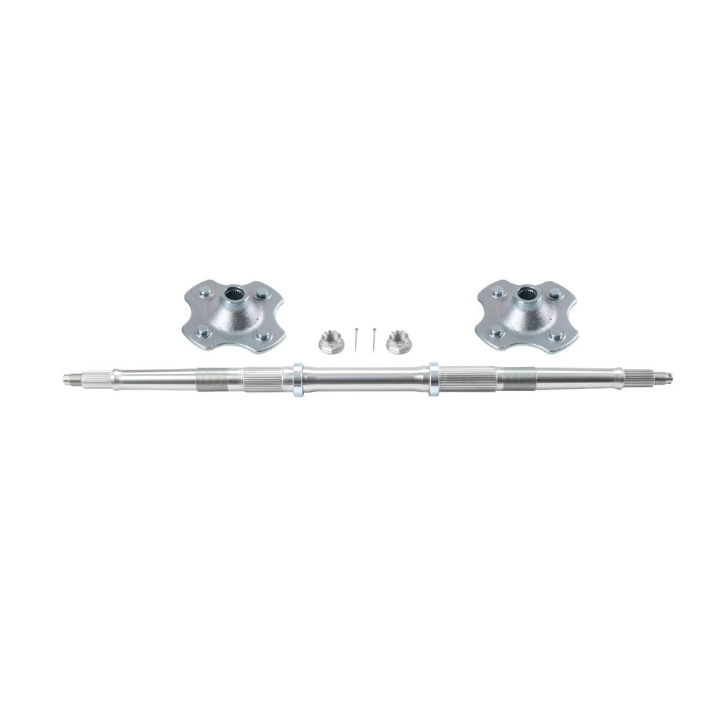 Rear axle shaft kit with two hub flanges, axle shaft, and small hardware pieces