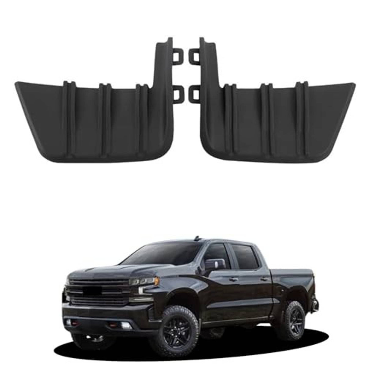Black front bumper trim molding set, left and right replacement pieces