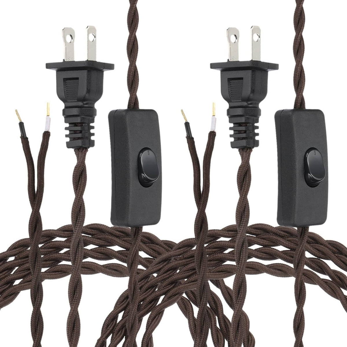 Brown twisted cloth-covered lamp cord with two plug ends and inline switch segments