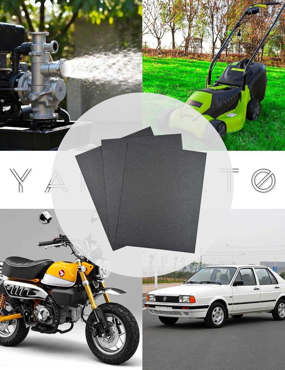 Dark gray gasket paper sheets set in the center overlay, shown as a stack of four
