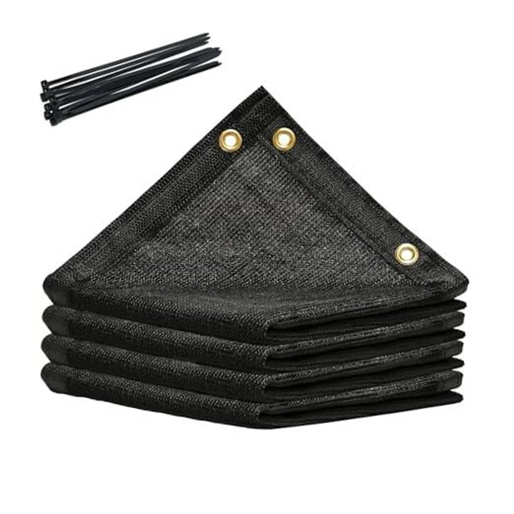 Black shade cloth tarp bundle, folded panels with reinforced corner grommets and ties